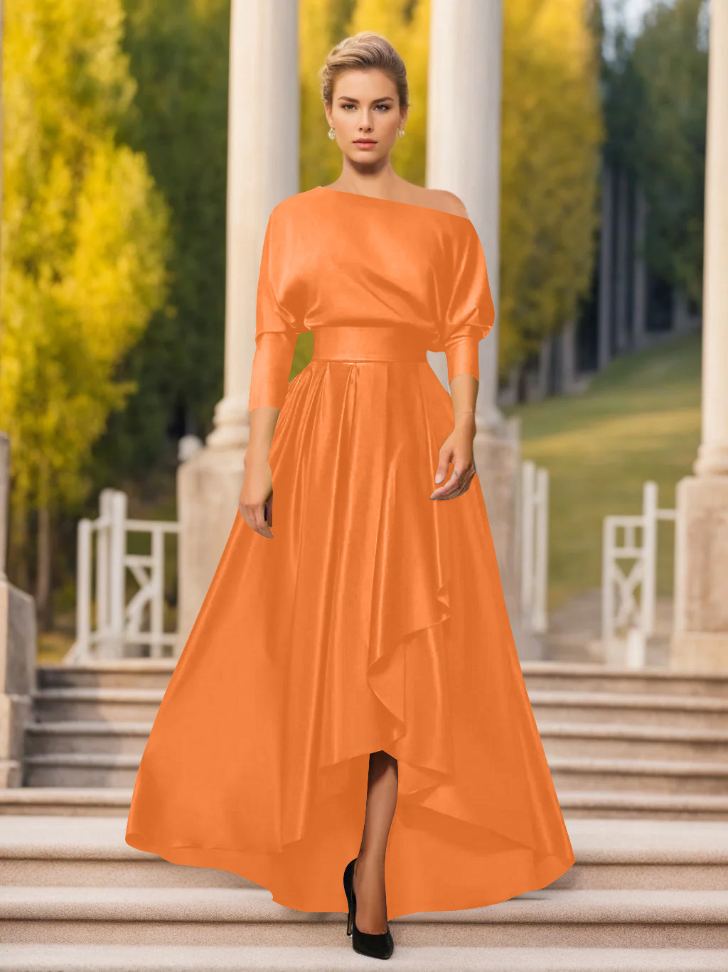 One-Shoulder A-Line Princess Dress with 3/4 Sleeves for Mothers of the Bride & Groom-LLELLA