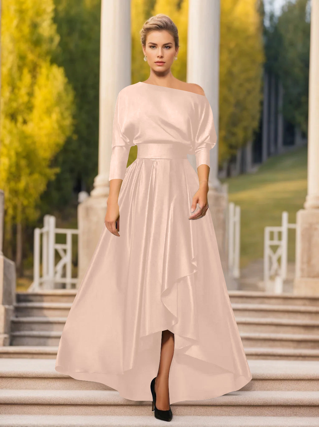 One-Shoulder A-Line Princess Dress with 3/4 Sleeves for Mothers of the Bride & Groom-LLELLA