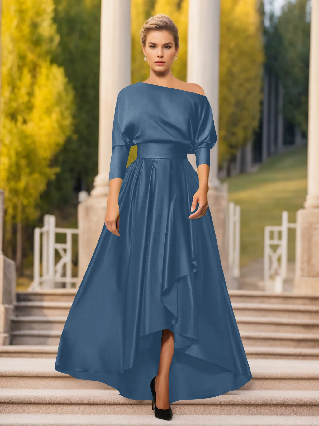 One-Shoulder A-Line Princess Dress with 3/4 Sleeves for Mothers of the Bride & Groom-LLELLA