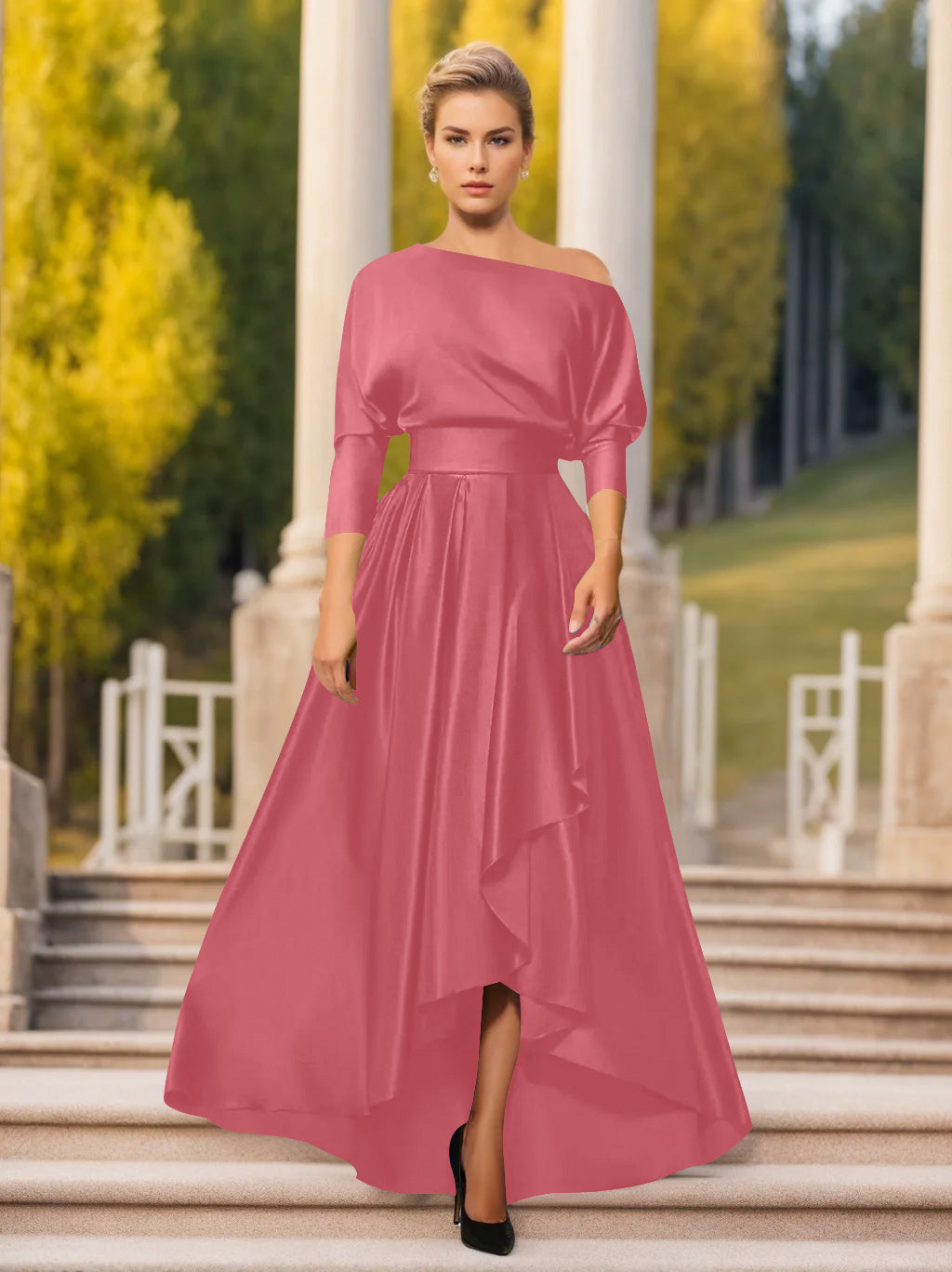 One-Shoulder A-Line Princess Dress with 3/4 Sleeves for Mothers of the Bride & Groom-LLELLA