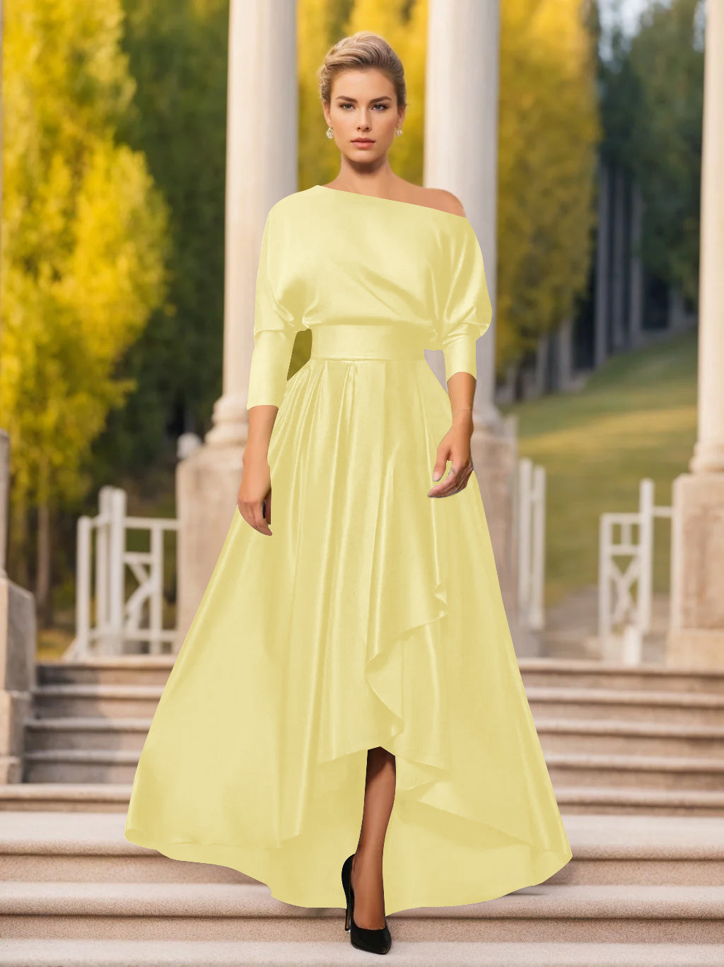 One-Shoulder A-Line Princess Dress with 3/4 Sleeves for Mothers of the Bride & Groom-LLELLA