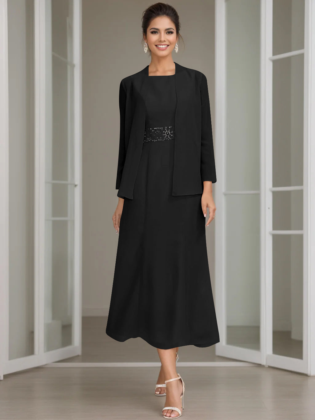 Tea-Length Mother of the Bride Sheath Dress with Beaded Jacket-LLELLA