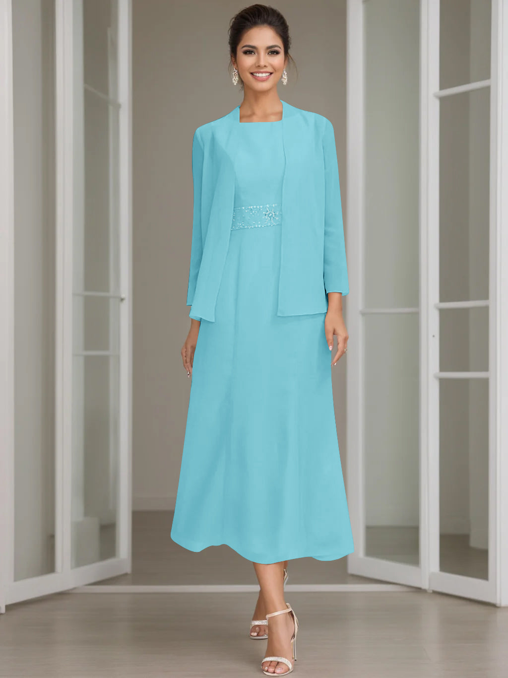 Tea-Length Mother of the Bride Sheath Dress with Beaded Jacket-LLELLA