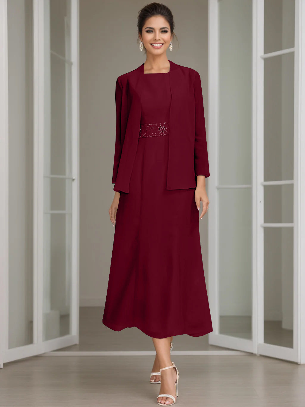 Tea-Length Mother of the Bride Sheath Dress with Beaded Jacket-LLELLA