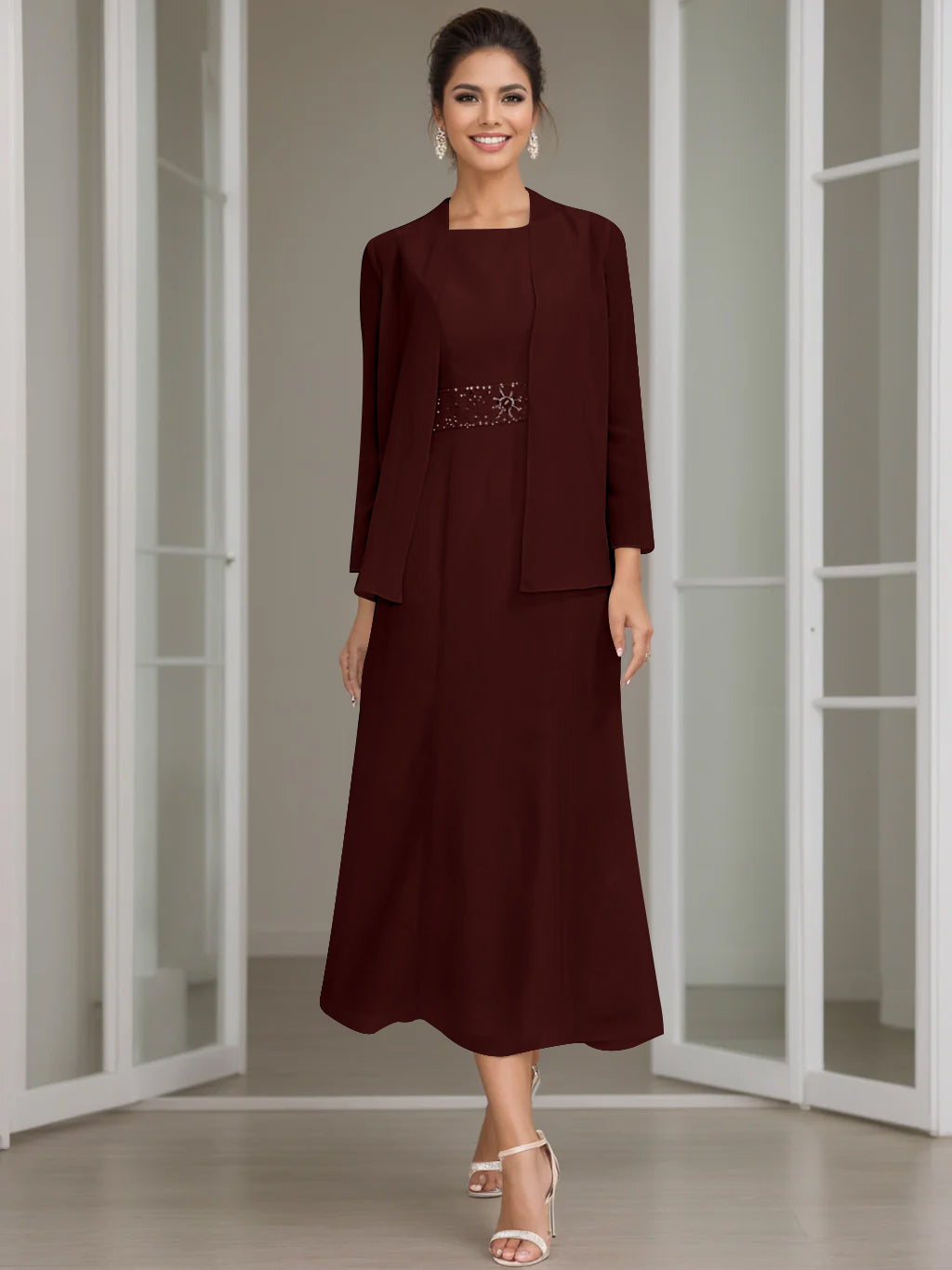 Tea-Length Mother of the Bride Sheath Dress with Beaded Jacket-LLELLA