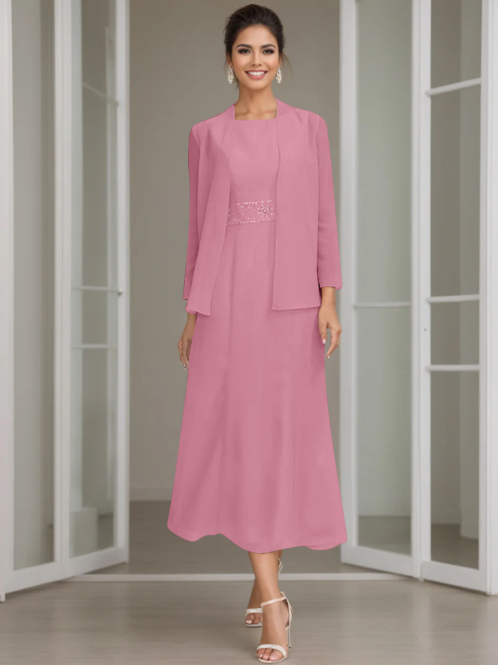 Tea-Length Mother of the Bride Sheath Dress with Beaded Jacket-LLELLA