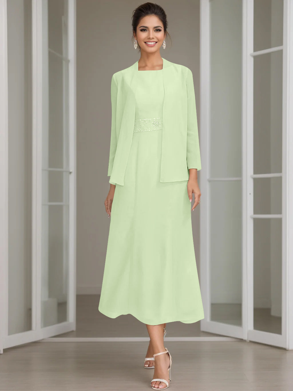 Tea-Length Mother of the Bride Sheath Dress with Beaded Jacket-LLELLA