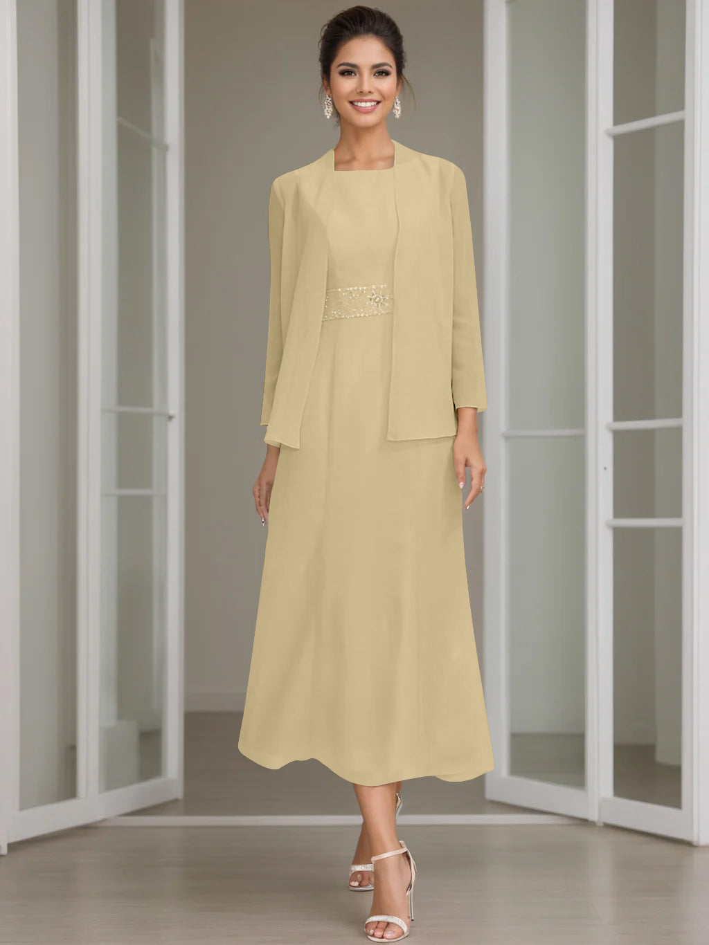 Tea-Length Mother of the Bride Sheath Dress with Beaded Jacket-LLELLA