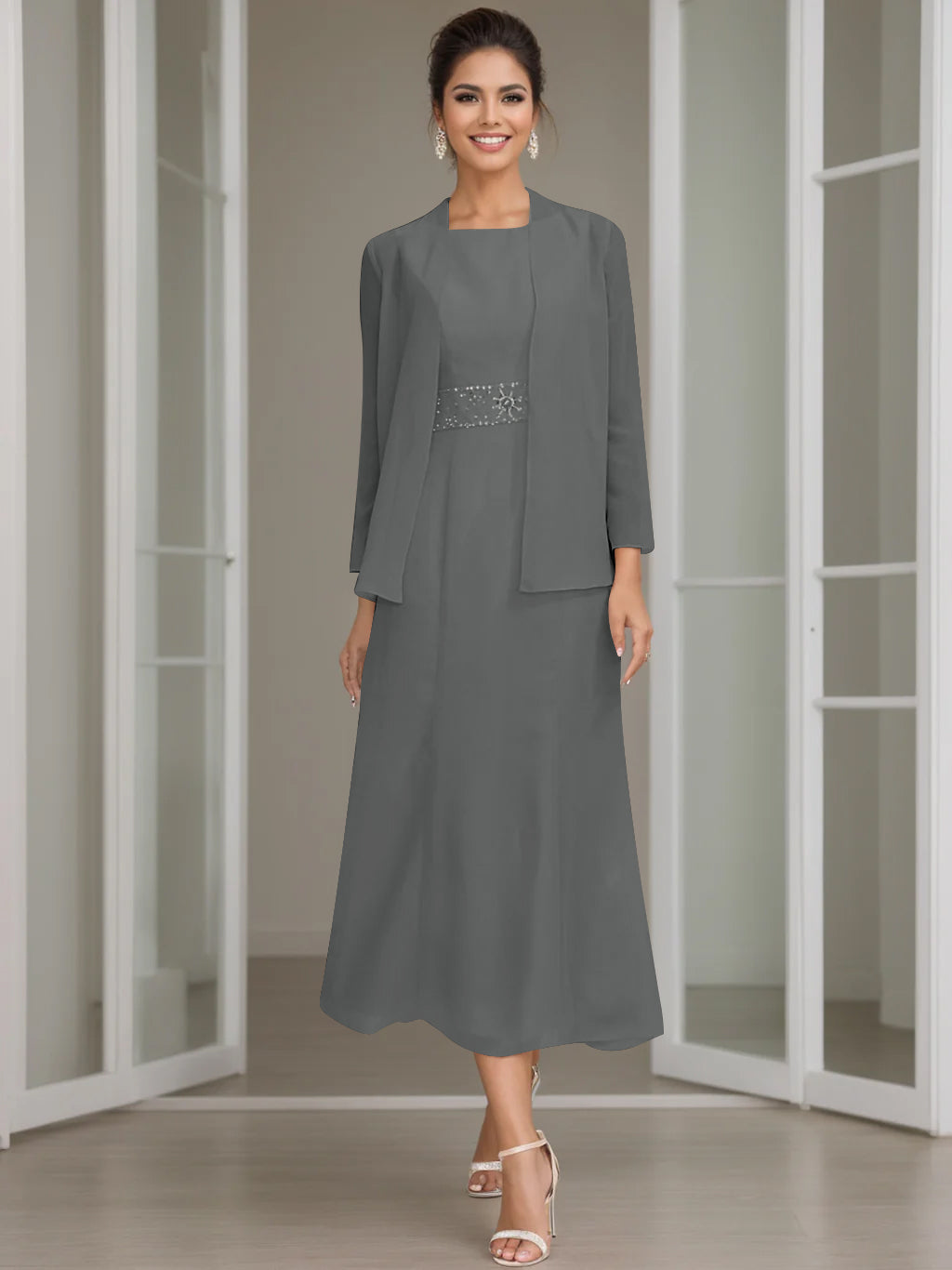 Tea-Length Mother of the Bride Sheath Dress with Beaded Jacket-LLELLA
