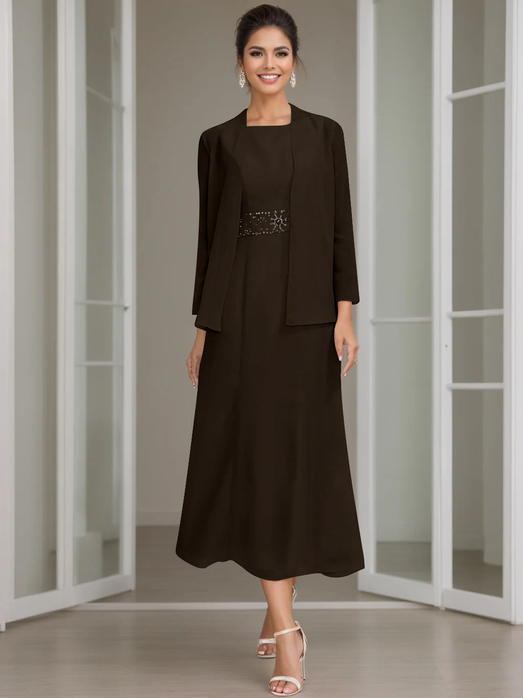 Tea-Length Mother of the Bride Sheath Dress with Beaded Jacket-LLELLA