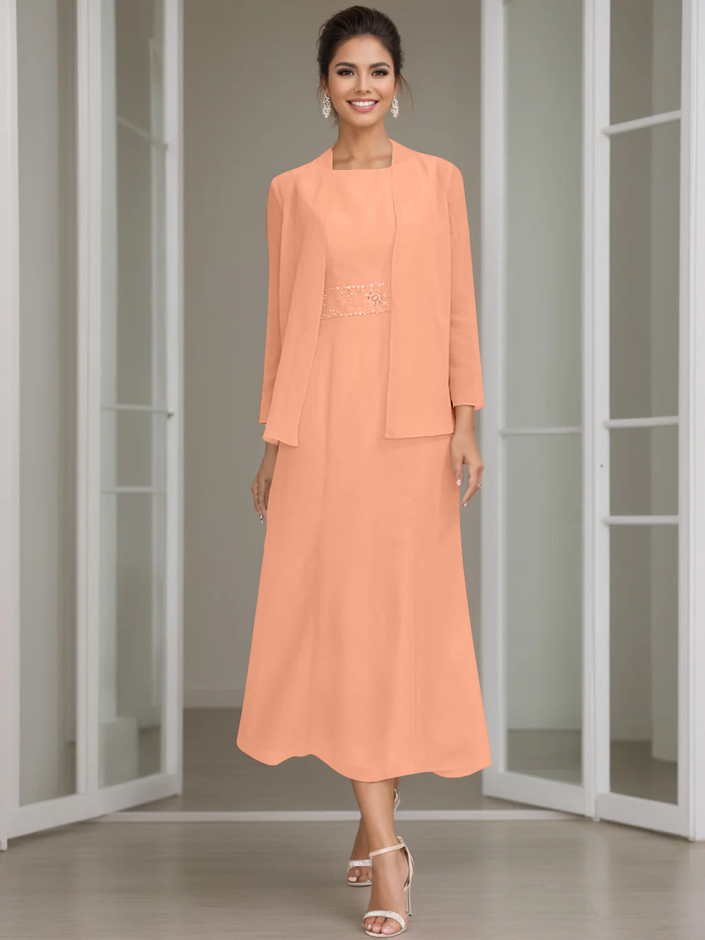 Tea-Length Mother of the Bride Sheath Dress with Beaded Jacket-LLELLA