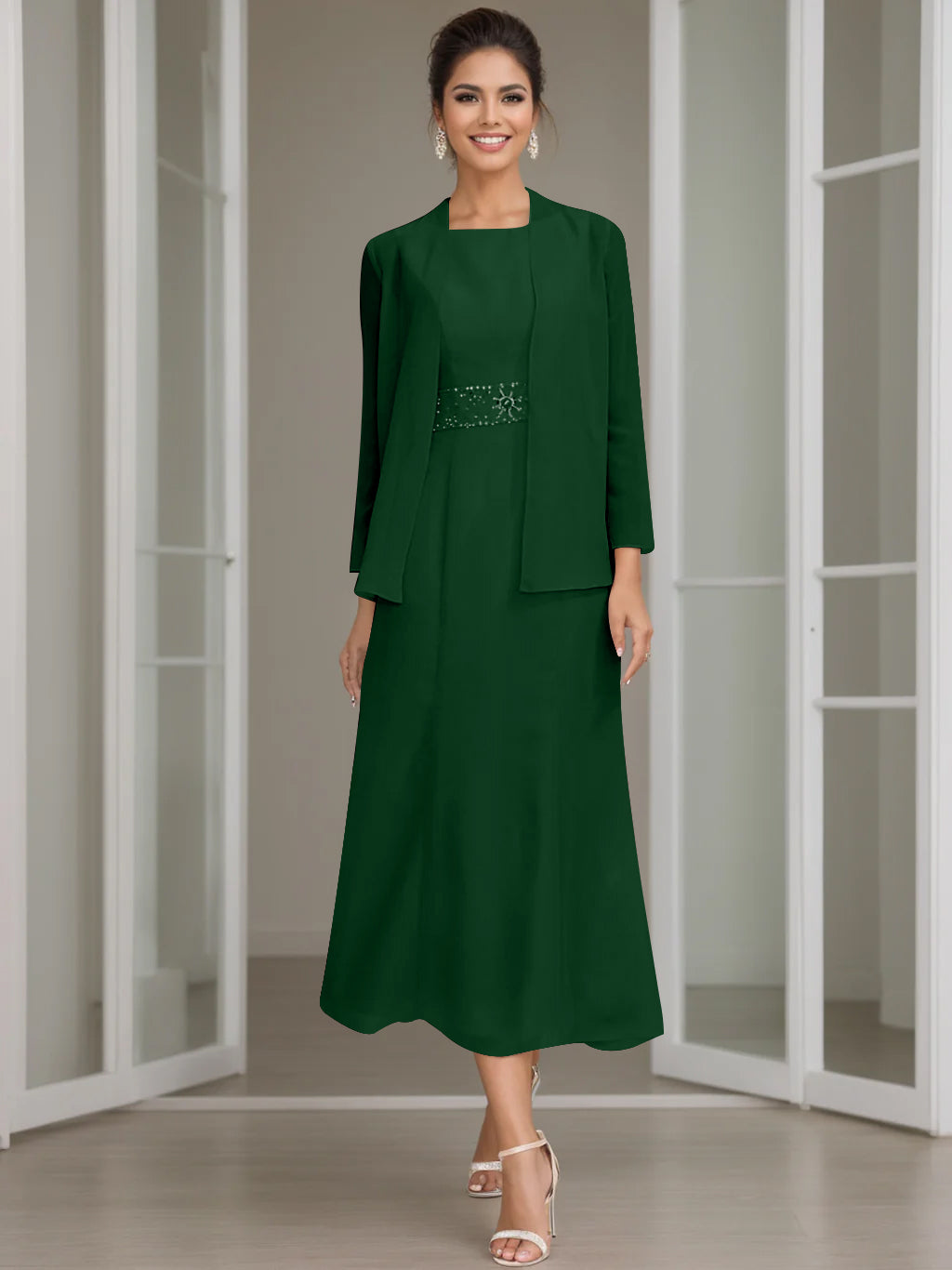 Tea-Length Mother of the Bride Sheath Dress with Beaded Jacket-LLELLA