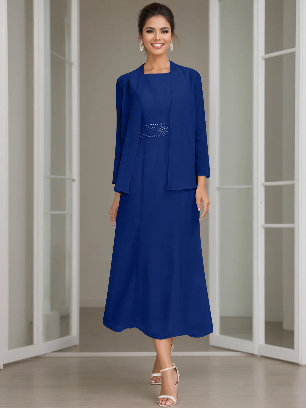 Tea-Length Mother of the Bride Sheath Dress with Beaded Jacket-LLELLA