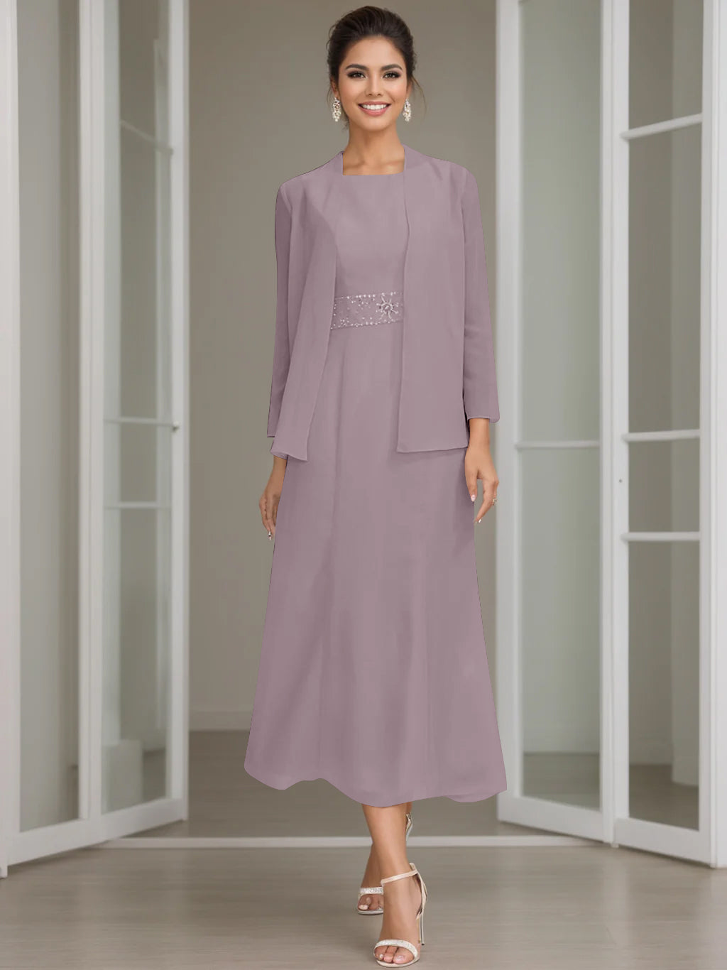 Tea-Length Mother of the Bride Sheath Dress with Beaded Jacket-LLELLA