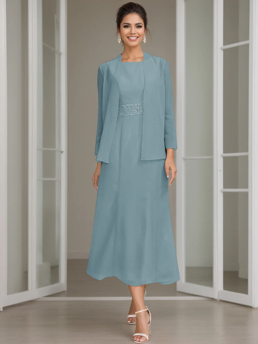 Tea-Length Mother of the Bride Sheath Dress with Beaded Jacket-LLELLA