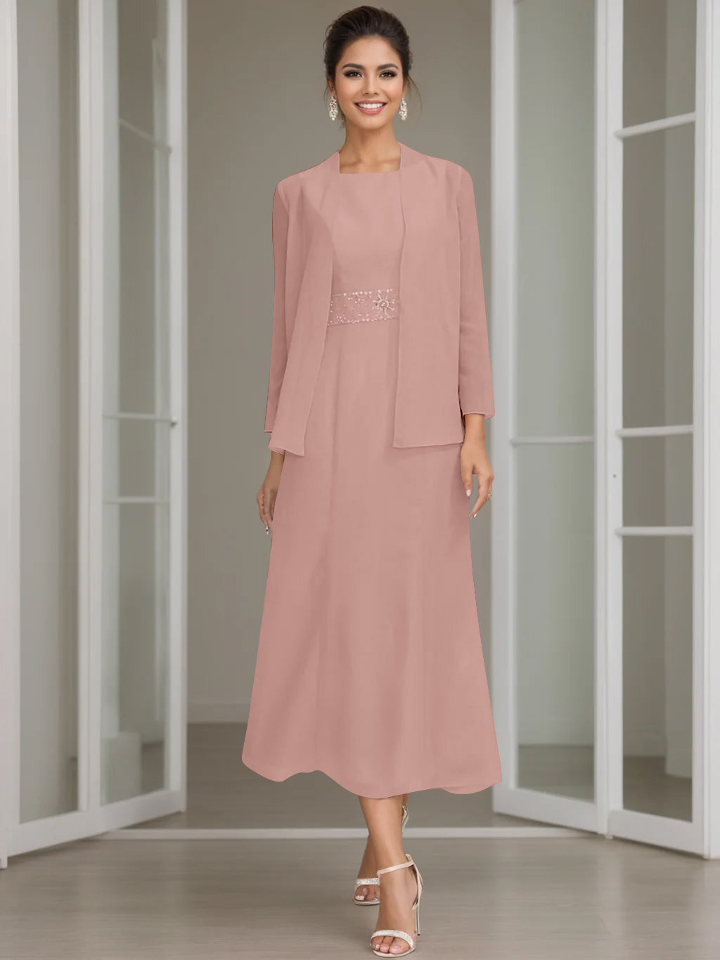 Tea-Length Mother of the Bride Sheath Dress with Beaded Jacket-LLELLA