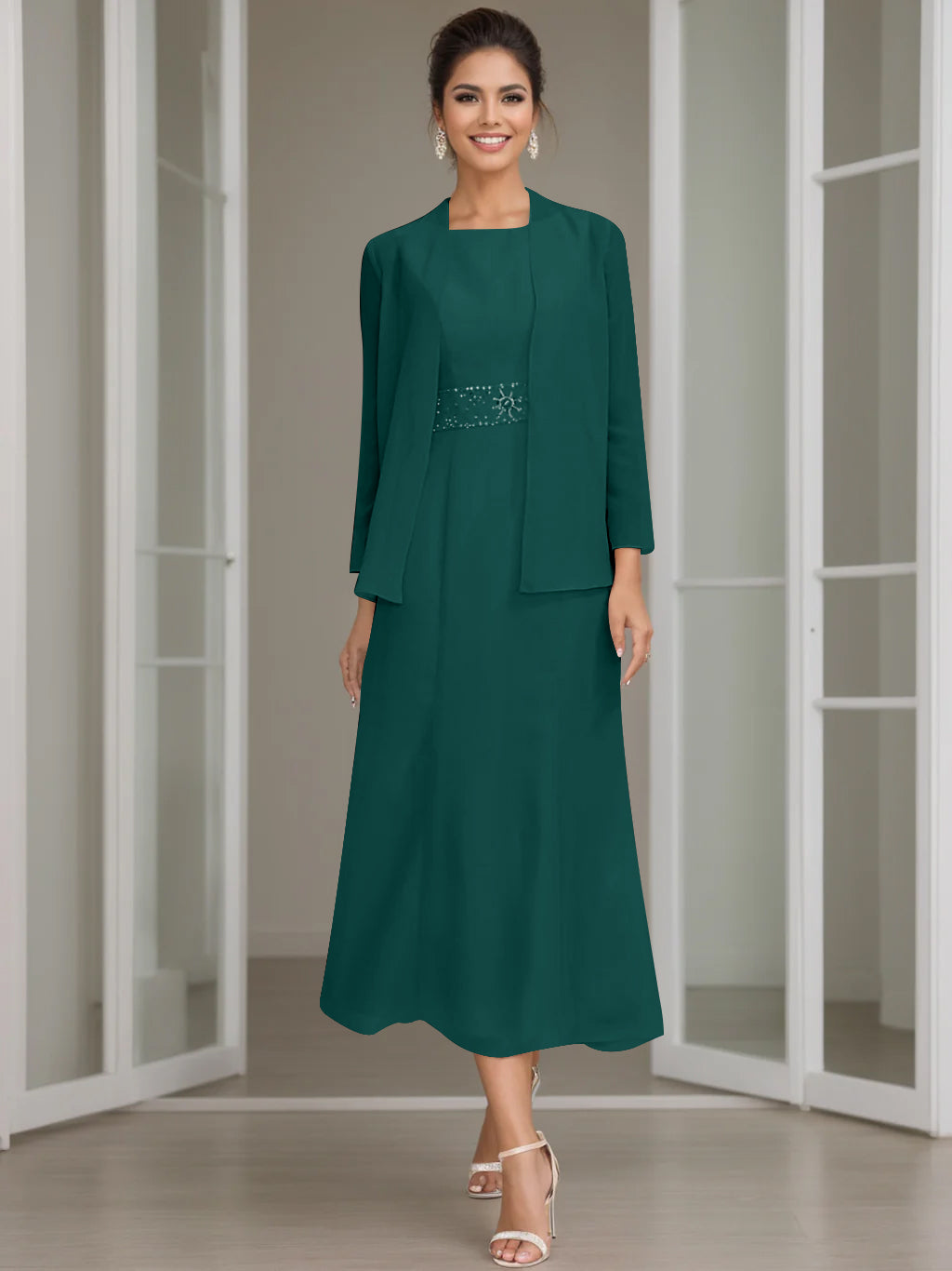 Tea-Length Mother of the Bride Sheath Dress with Beaded Jacket-LLELLA