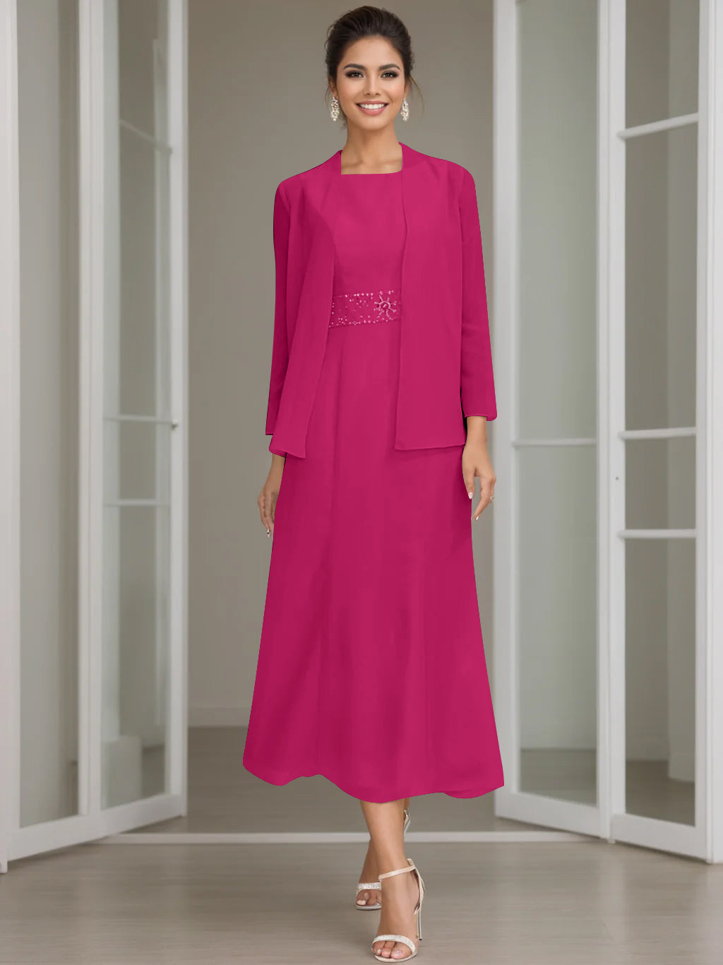 Tea-Length Mother of the Bride Sheath Dress with Beaded Jacket-LLELLA