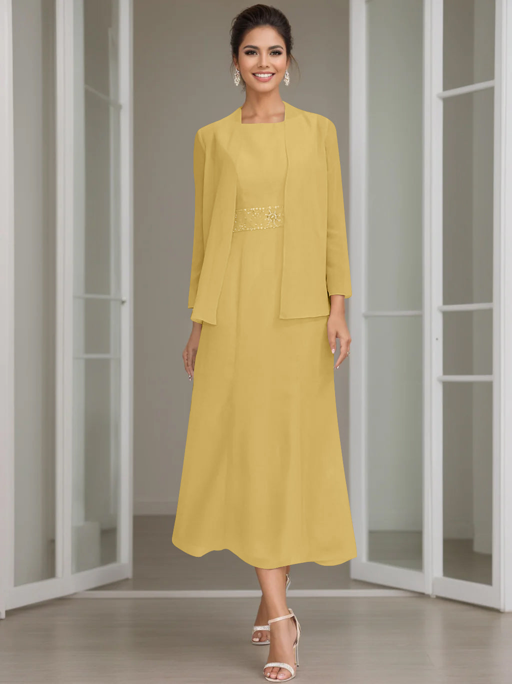 Tea-Length Mother of the Bride Sheath Dress with Beaded Jacket-LLELLA