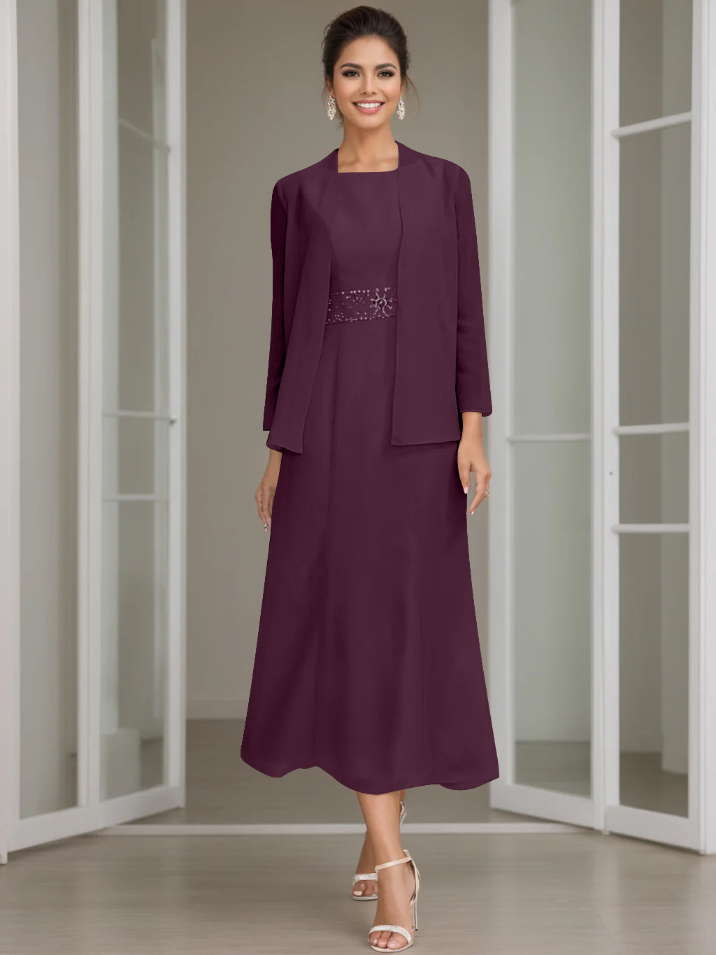 Tea-Length Mother of the Bride Sheath Dress with Beaded Jacket-LLELLA