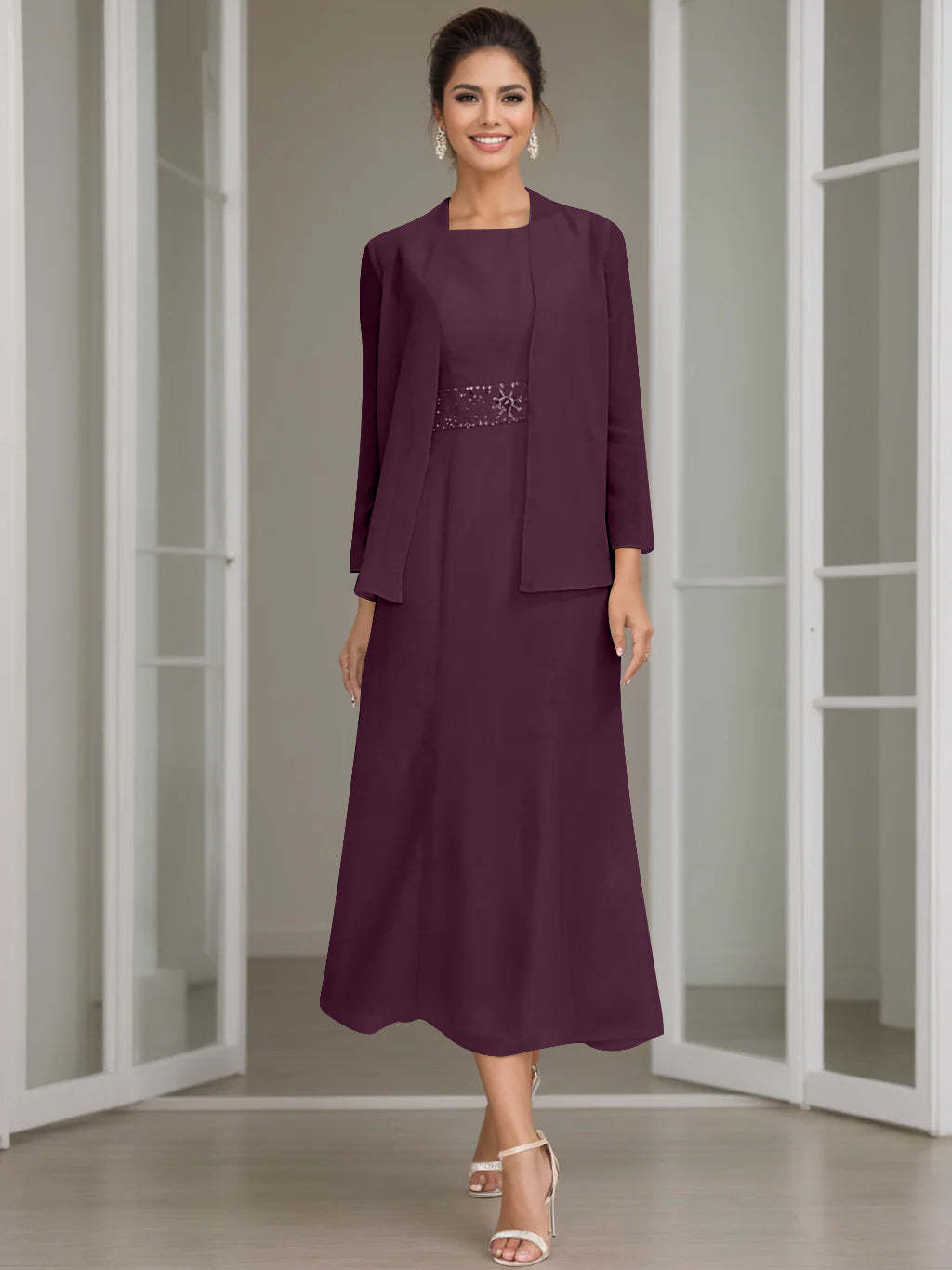 Tea-Length Mother of the Bride Sheath Dress with Beaded Jacket-LLELLA