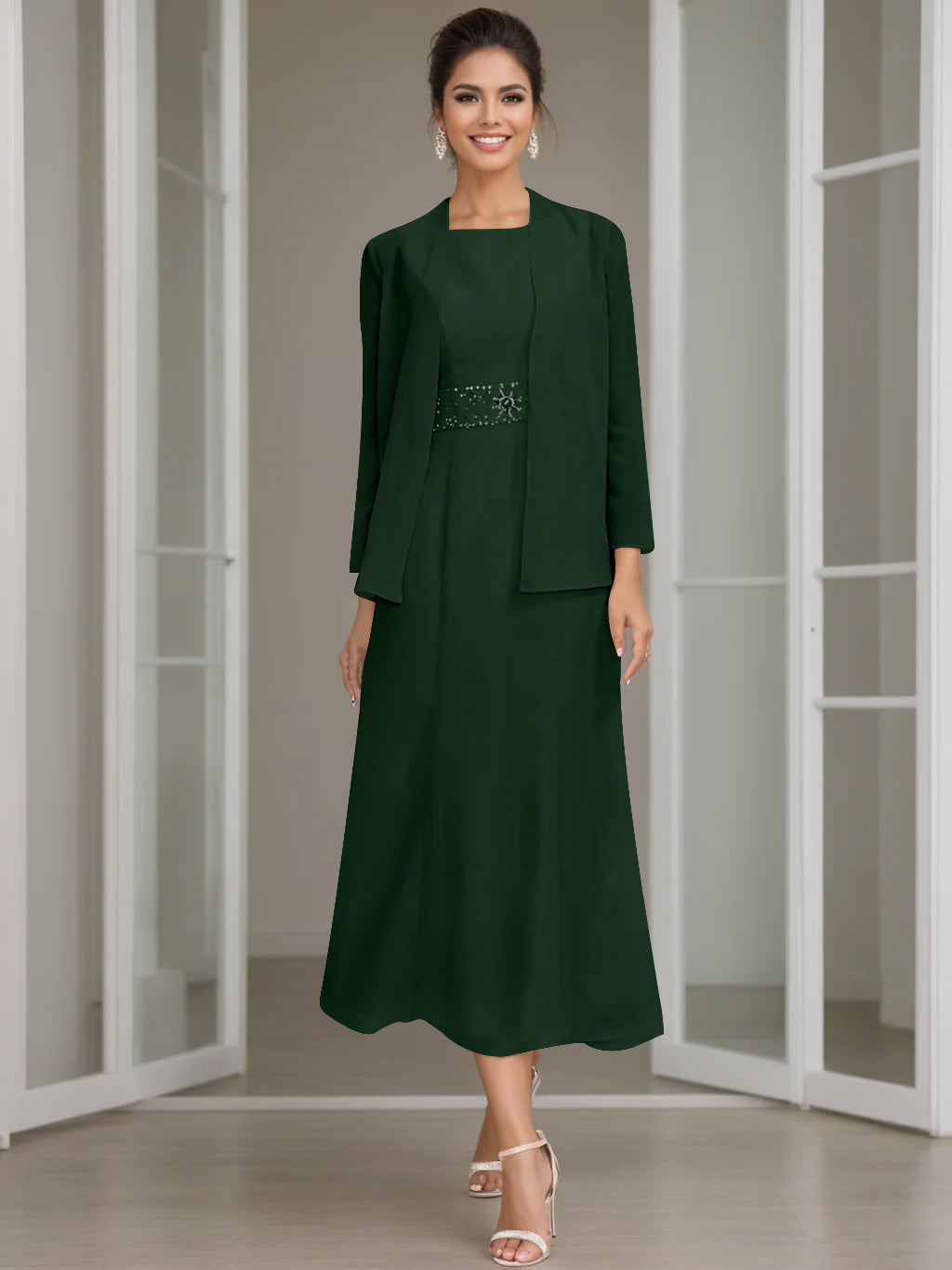Tea-Length Mother of the Bride Sheath Dress with Beaded Jacket-LLELLA