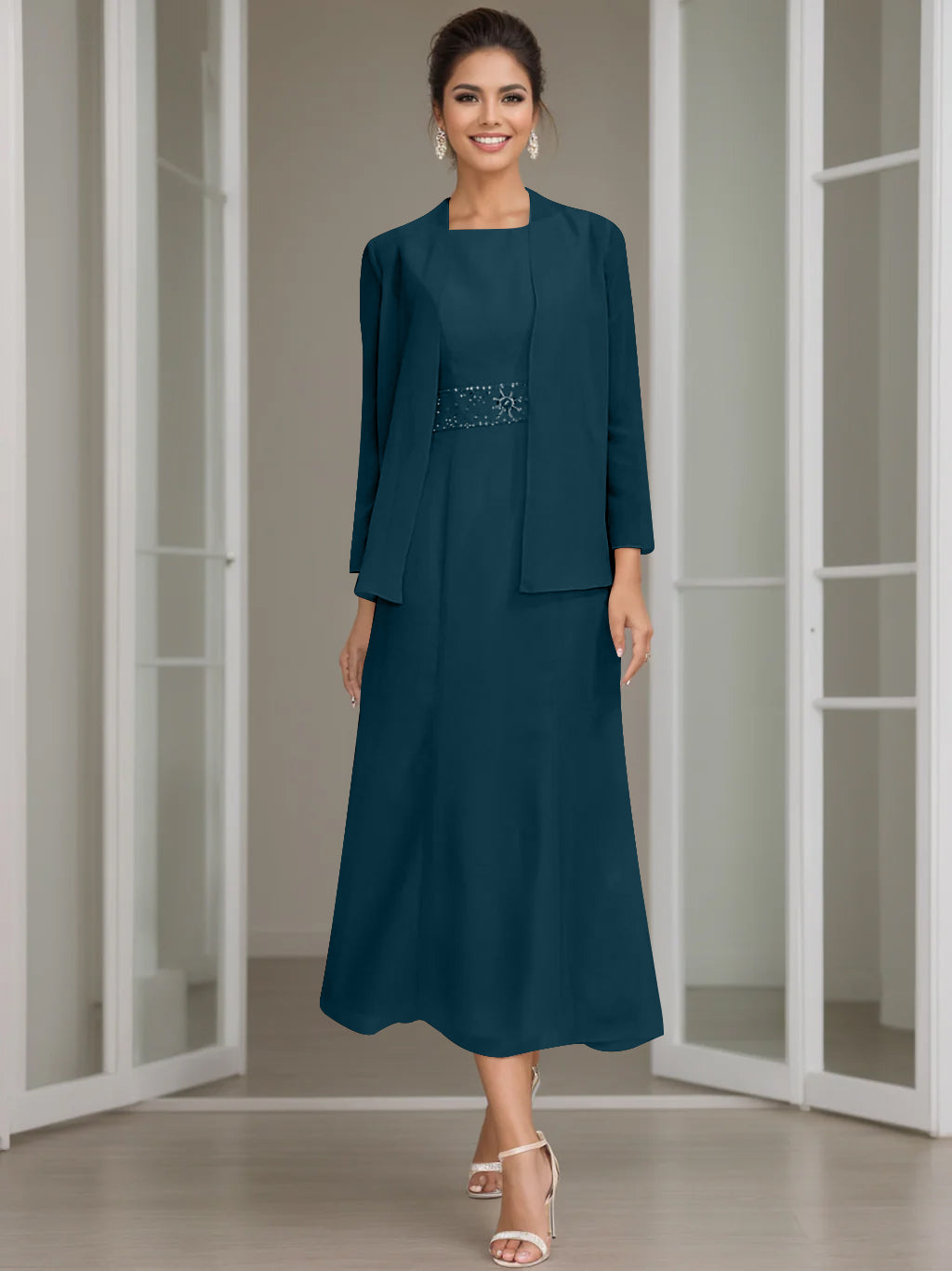 Tea-Length Mother of the Bride Sheath Dress with Beaded Jacket-LLELLA