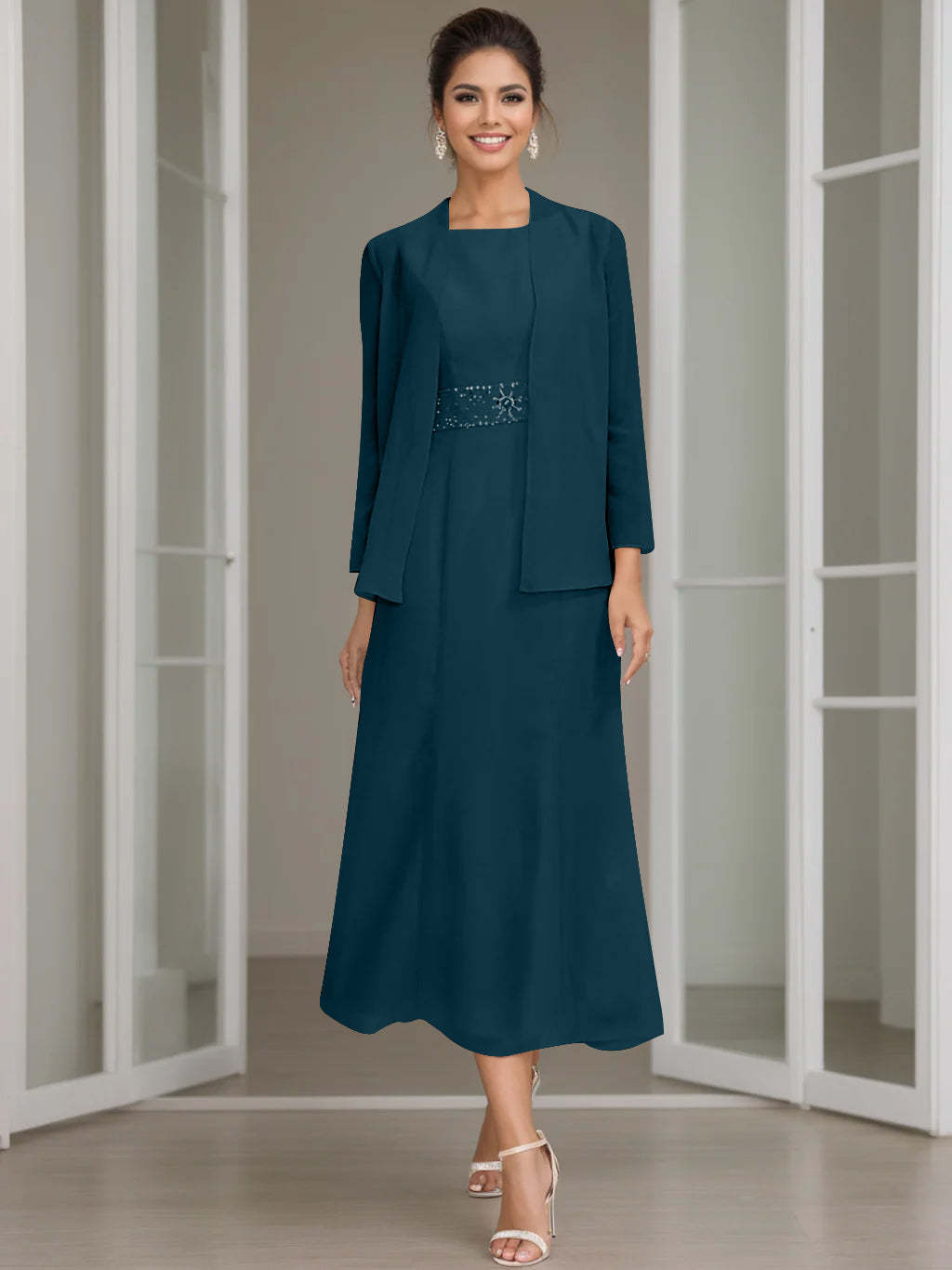Tea-Length Mother of the Bride Sheath Dress with Beaded Jacket-LLELLA