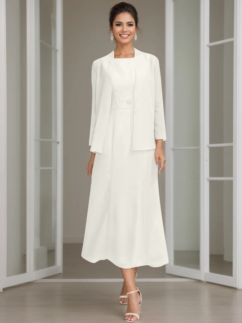 Tea-Length Mother of the Bride Sheath Dress with Beaded Jacket-LLELLA