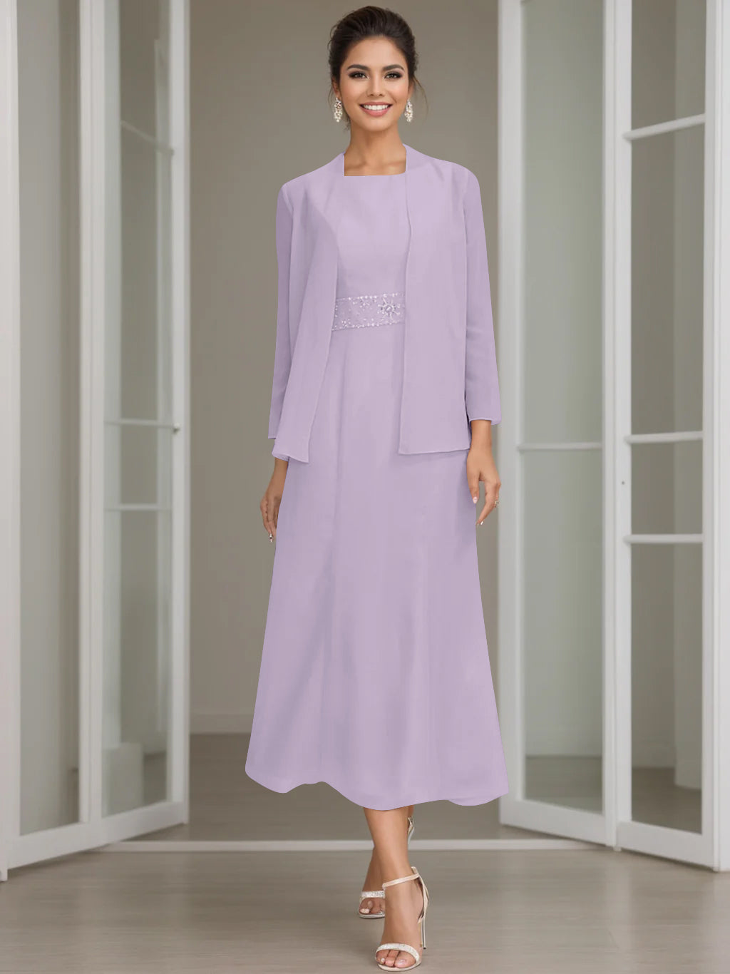 Tea-Length Mother of the Bride Sheath Dress with Beaded Jacket-LLELLA