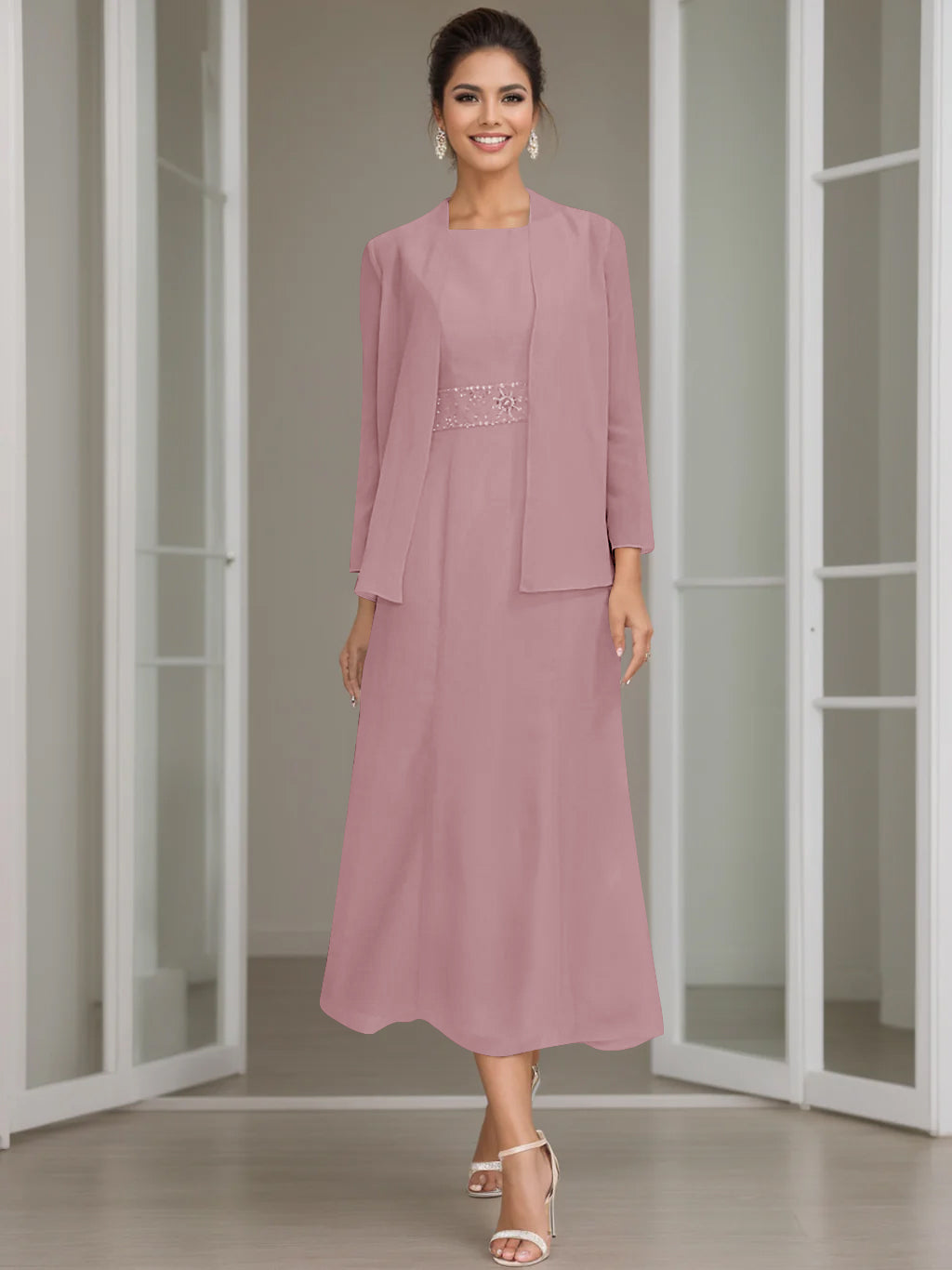 Tea-Length Mother of the Bride Sheath Dress with Beaded Jacket-LLELLA