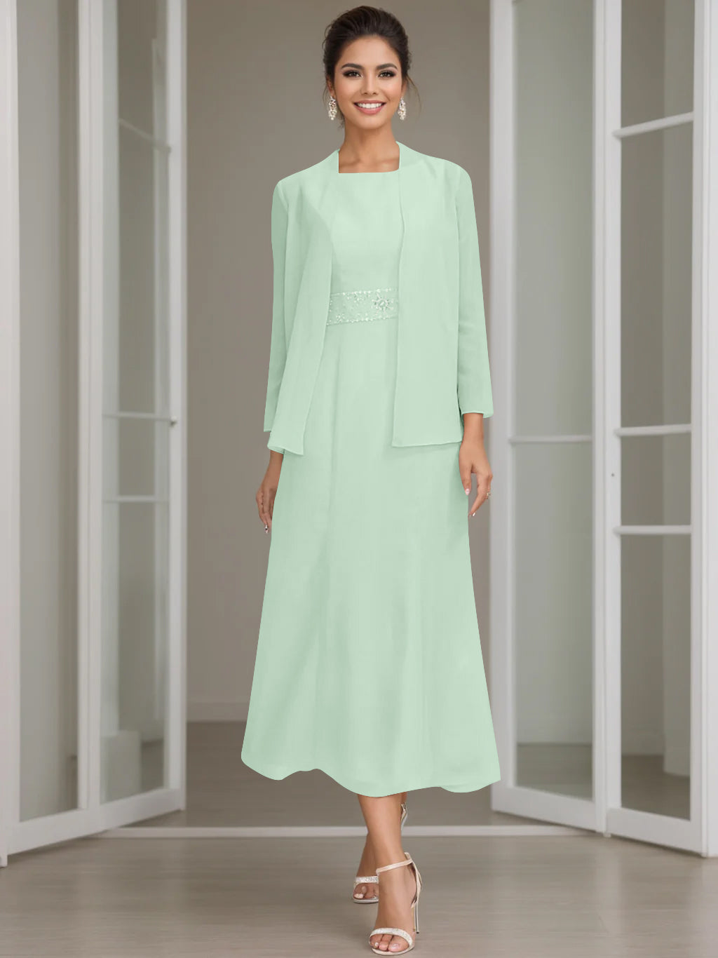 Tea-Length Mother of the Bride Sheath Dress with Beaded Jacket-LLELLA