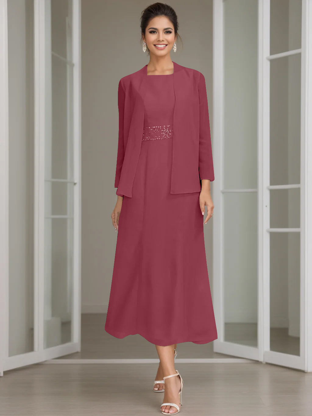 Tea-Length Mother of the Bride Sheath Dress with Beaded Jacket-LLELLA
