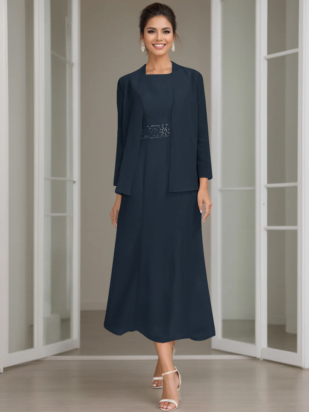Tea-Length Mother of the Bride Sheath Dress with Beaded Jacket-LLELLA