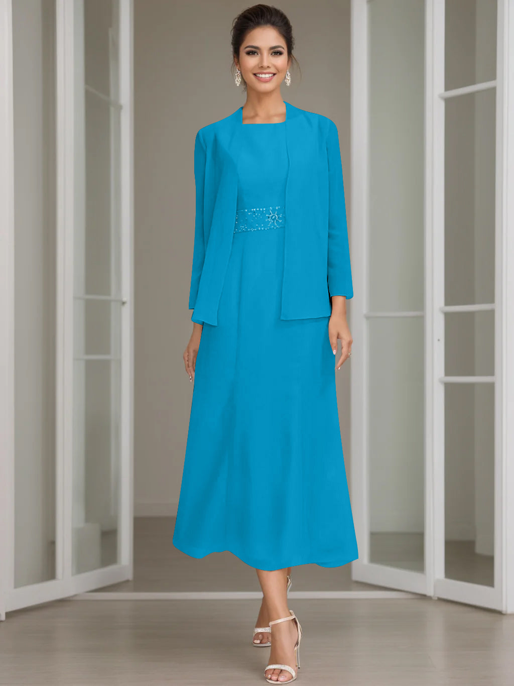 Tea-Length Mother of the Bride Sheath Dress with Beaded Jacket-LLELLA