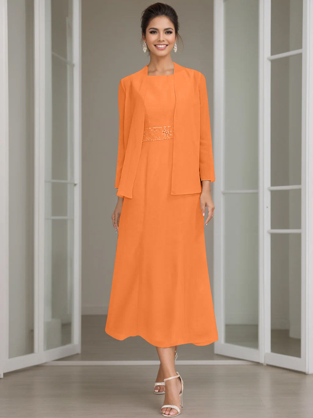 Tea-Length Mother of the Bride Sheath Dress with Beaded Jacket-LLELLA