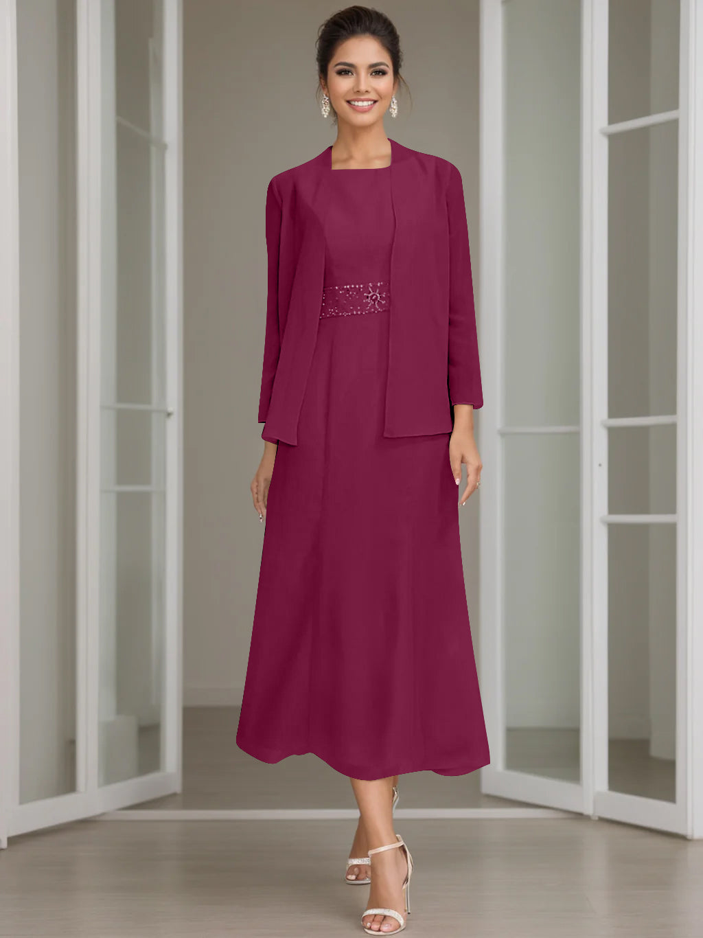 Tea-Length Mother of the Bride Sheath Dress with Beaded Jacket-LLELLA