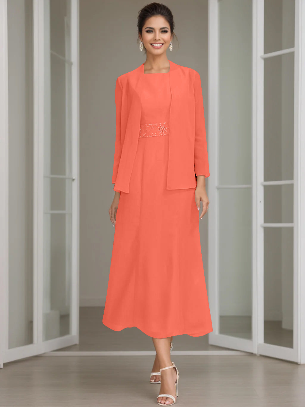Tea-Length Mother of the Bride Sheath Dress with Beaded Jacket-LLELLA