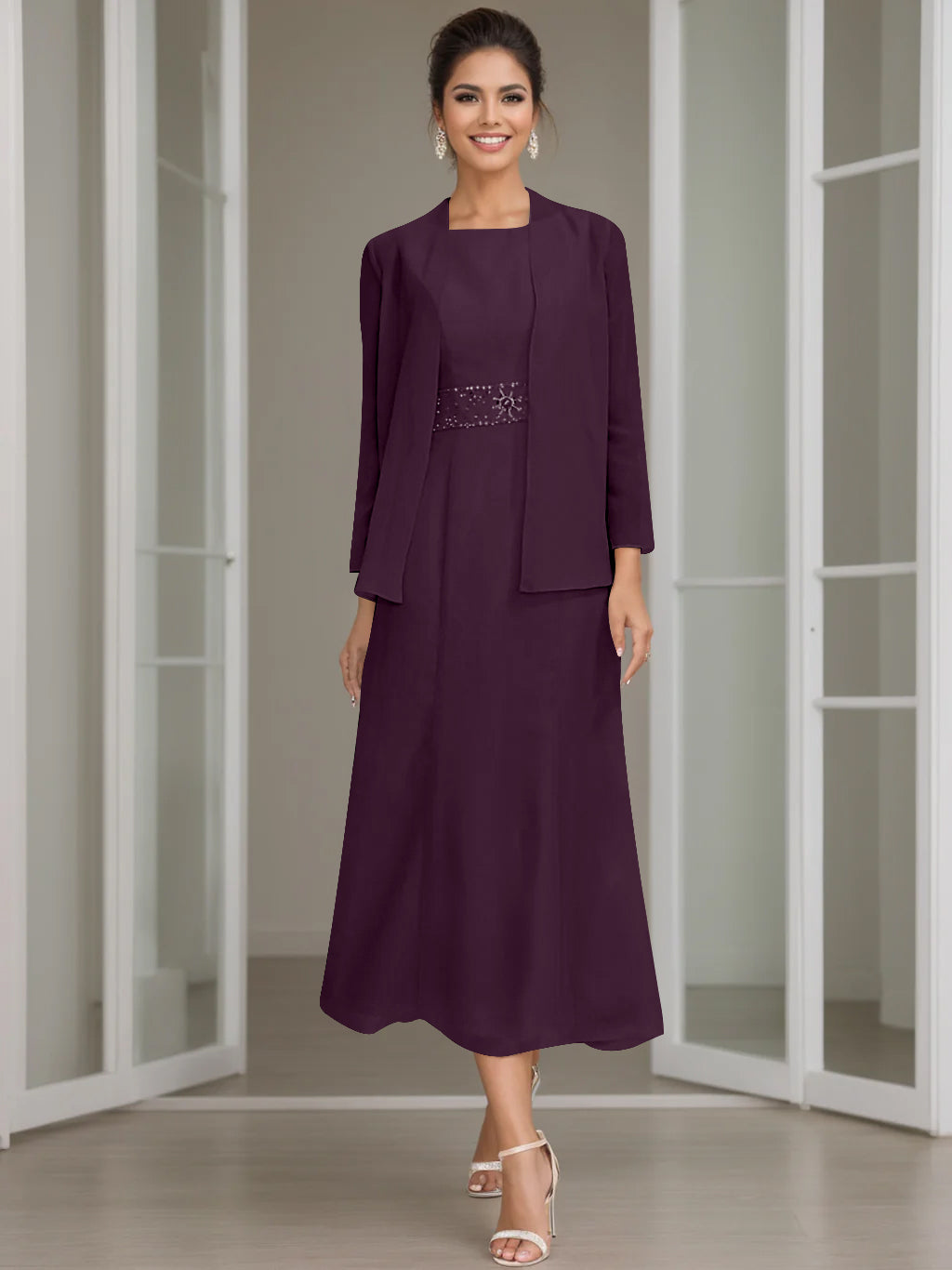 Tea-Length Mother of the Bride Sheath Dress with Beaded Jacket-LLELLA