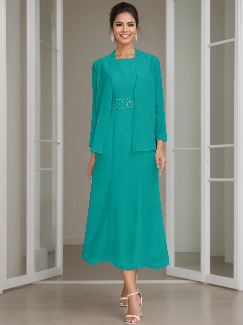 Tea-Length Mother of the Bride Sheath Dress with Beaded Jacket-LLELLA