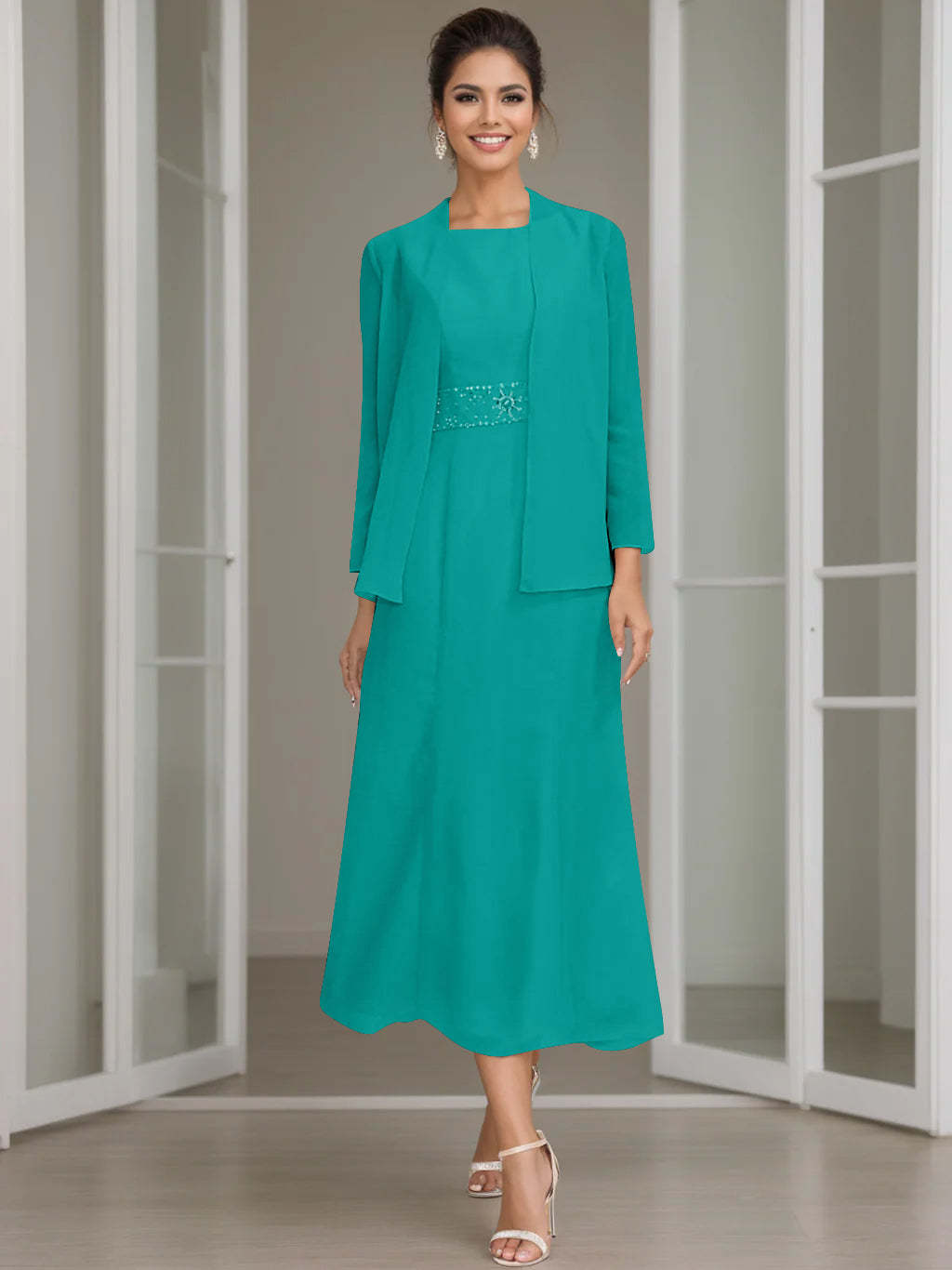 Tea-Length Mother of the Bride Sheath Dress with Beaded Jacket-LLELLA