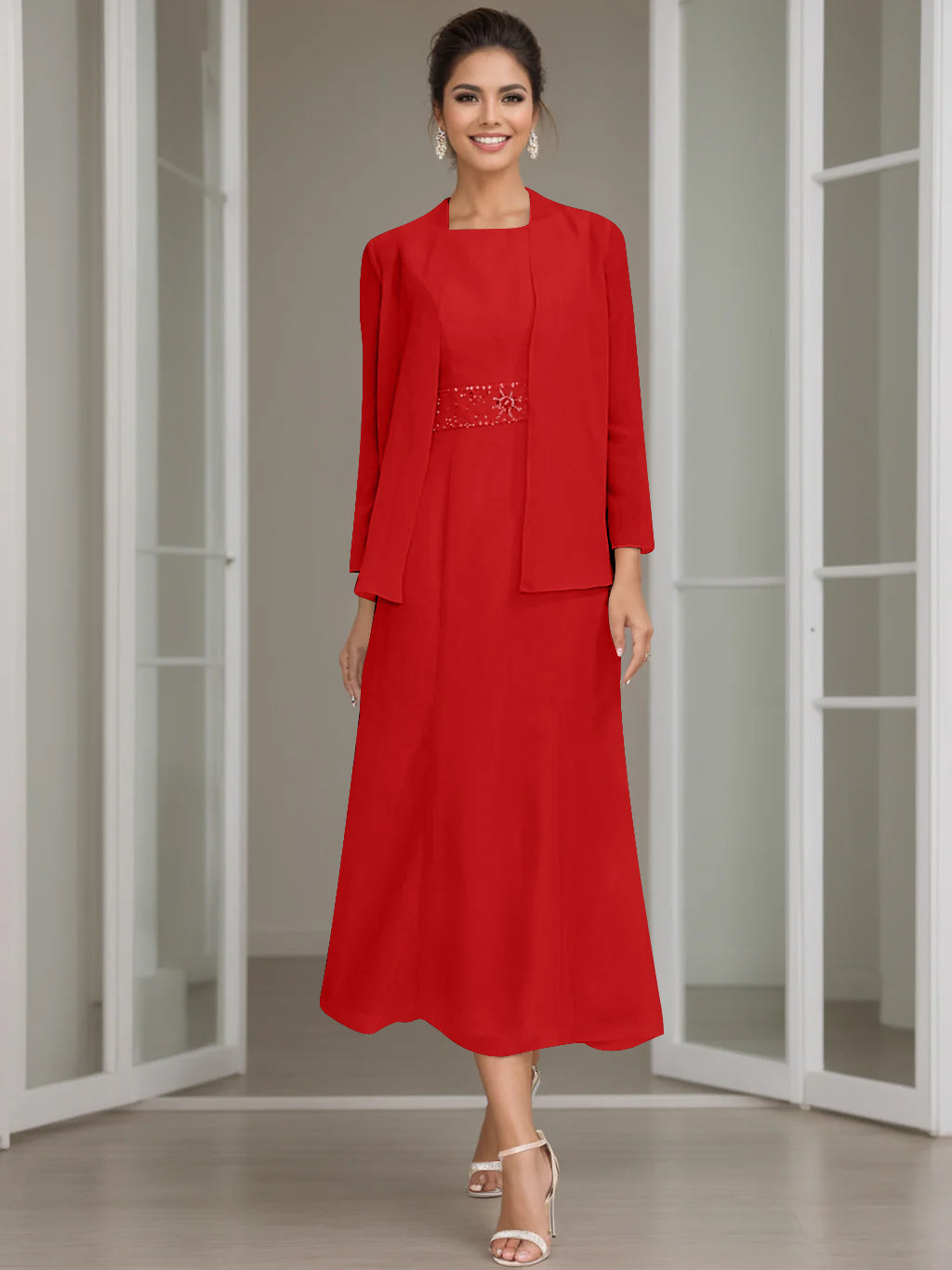 Tea-Length Mother of the Bride Sheath Dress with Beaded Jacket-LLELLA