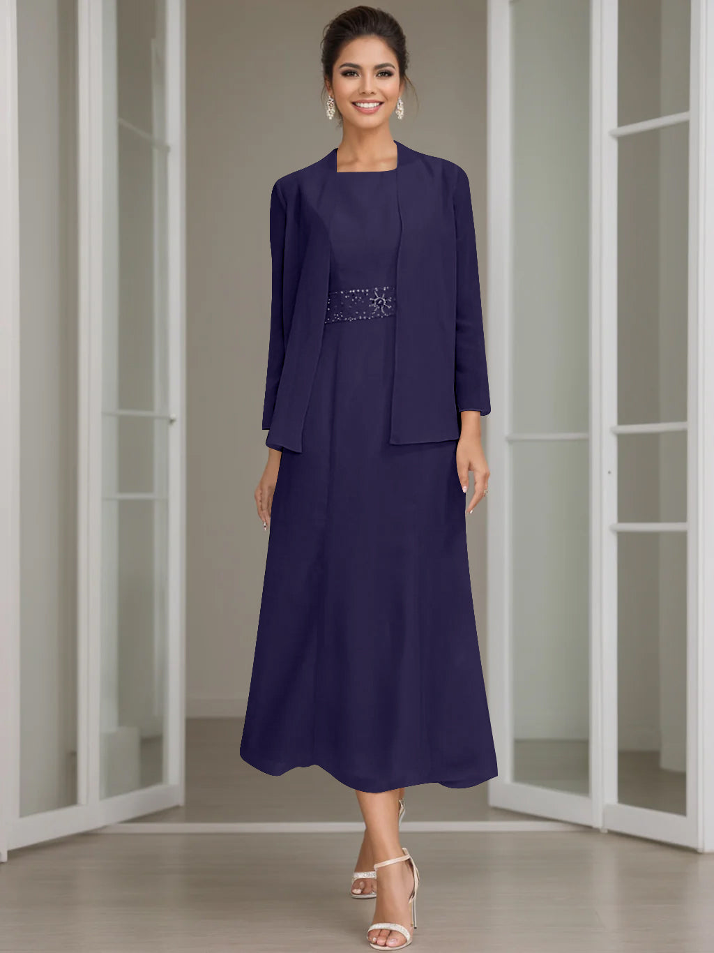 Tea-Length Mother of the Bride Sheath Dress with Beaded Jacket-LLELLA