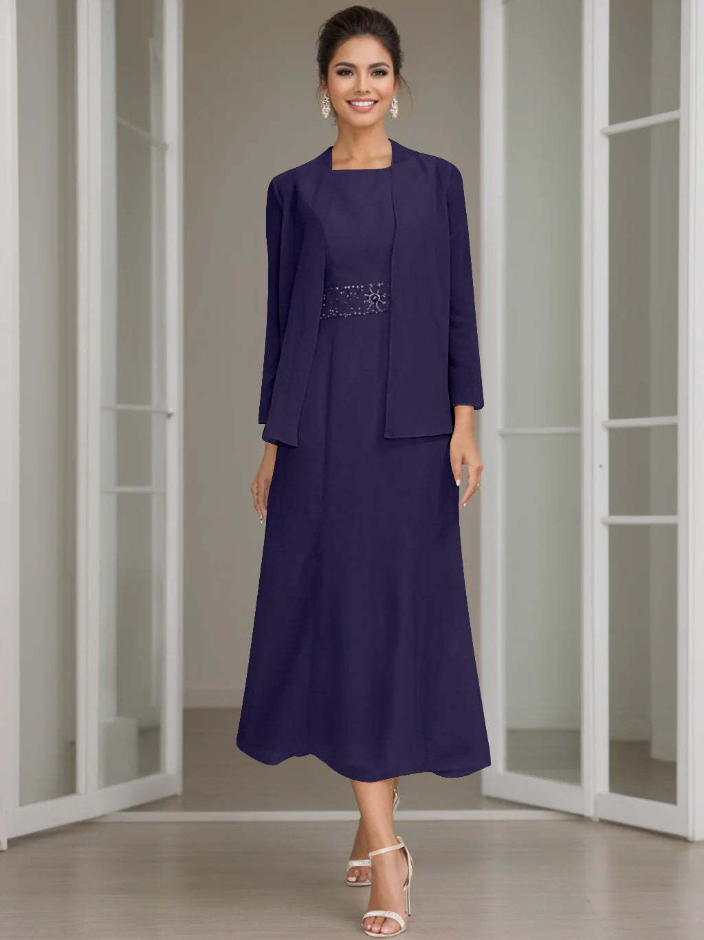 Tea-Length Mother of the Bride Sheath Dress with Beaded Jacket-LLELLA