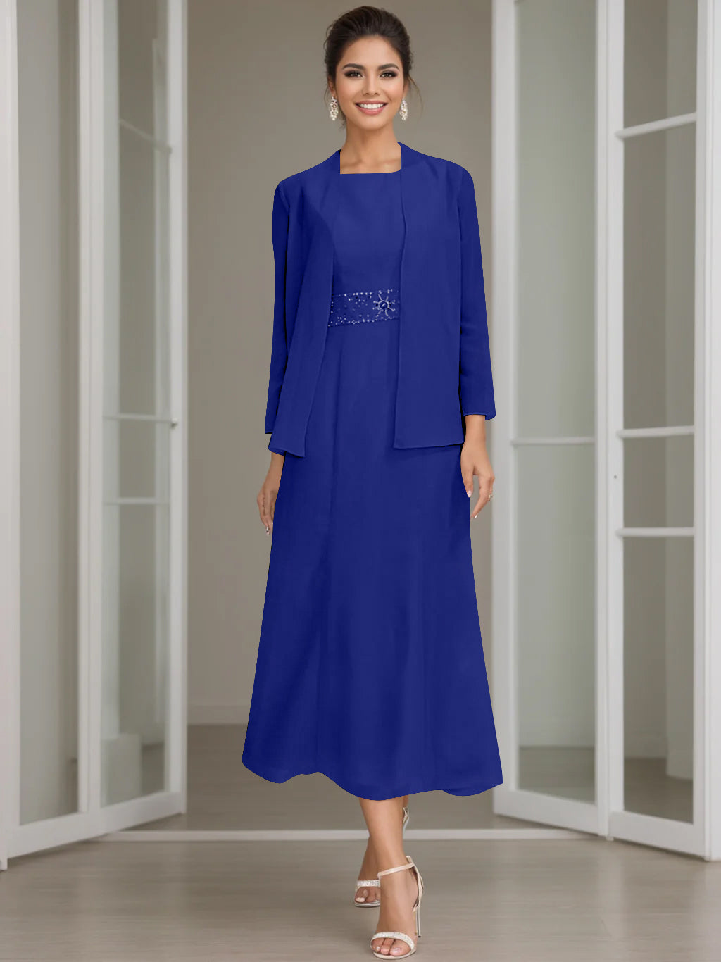 Tea-Length Mother of the Bride Sheath Dress with Beaded Jacket-LLELLA