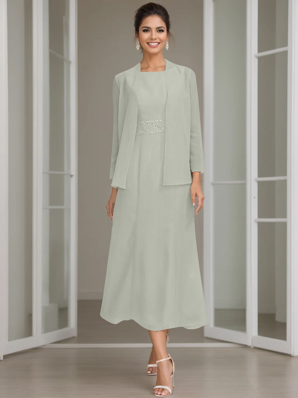 Tea-Length Mother of the Bride Sheath Dress with Beaded Jacket-LLELLA