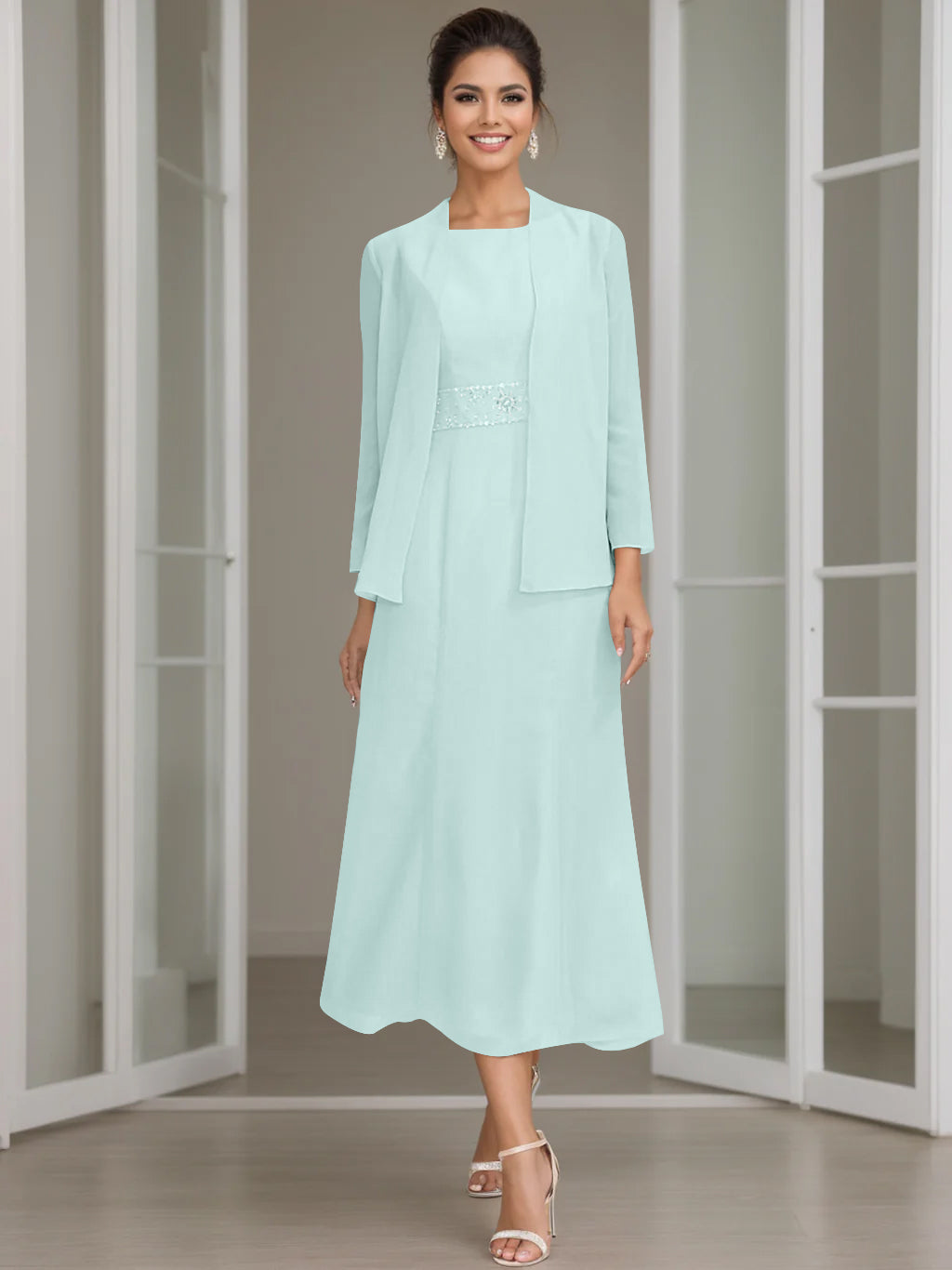 Tea-Length Mother of the Bride Sheath Dress with Beaded Jacket-LLELLA