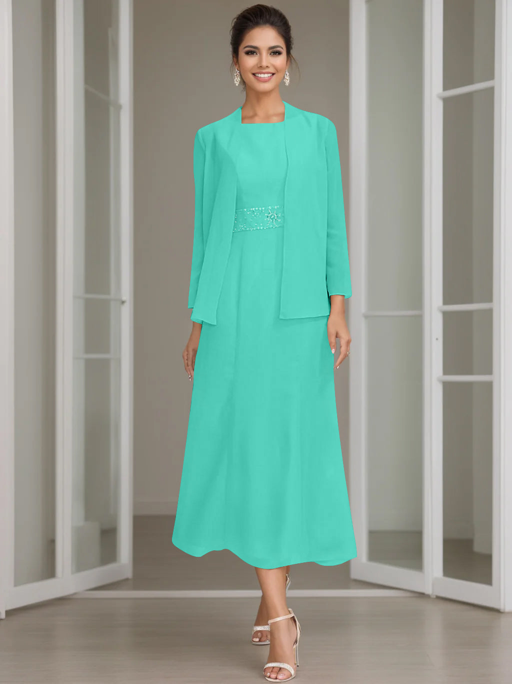 Tea-Length Mother of the Bride Sheath Dress with Beaded Jacket-LLELLA