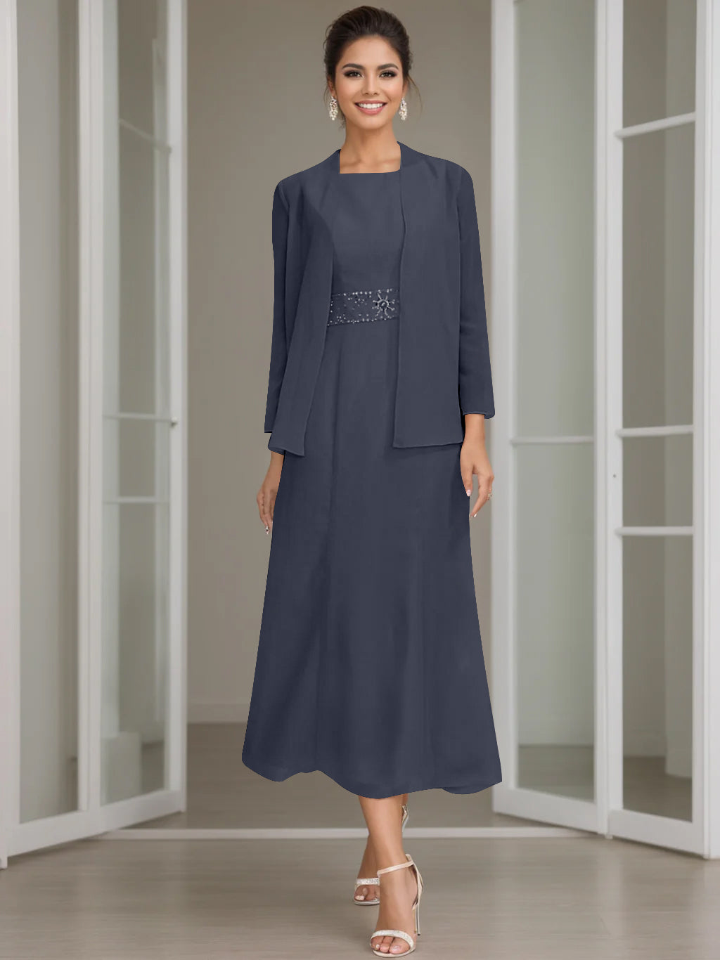 Tea-Length Mother of the Bride Sheath Dress with Beaded Jacket-LLELLA