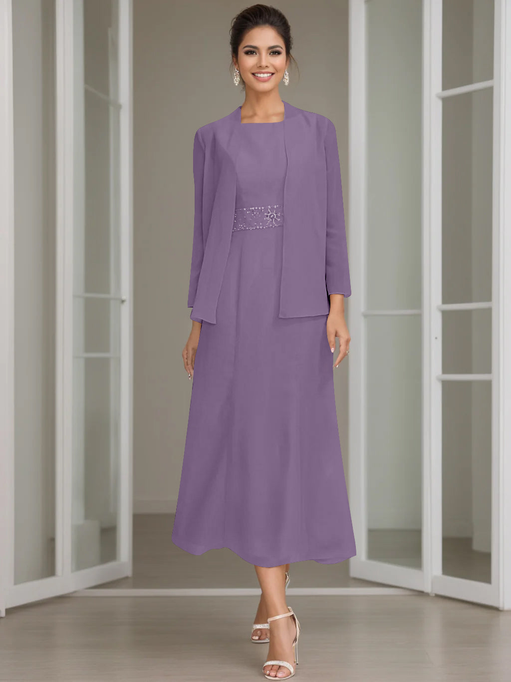 Tea-Length Mother of the Bride Sheath Dress with Beaded Jacket-LLELLA